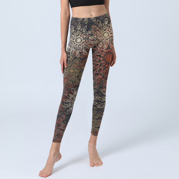 Buddha Stones Leggings da palestra con stampa simmetrica a fiori retrò, pantaloni da yoga da donna - image 5