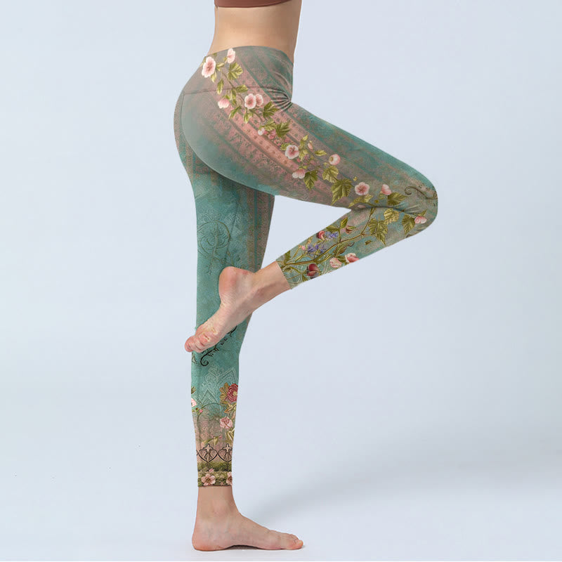 Buddha Stones Leggings da palestra con stampa simmetrica retrò di fiori, foglie e recinzione, pantaloni da yoga da donna - image 3