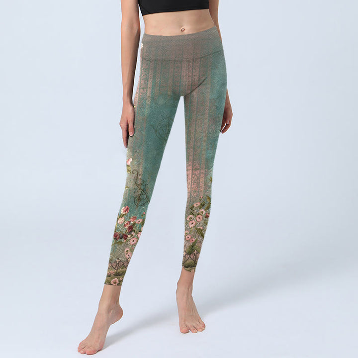 Buddha Stones Leggings da palestra con stampa simmetrica retrò di fiori, foglie e recinzione, pantaloni da yoga da donna - image 5