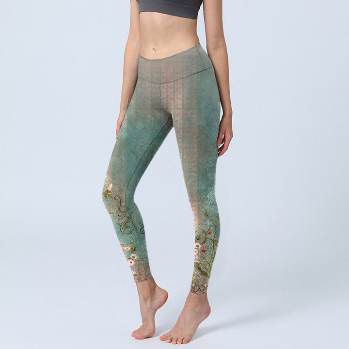 Buddha Stones Leggings da palestra con stampa simmetrica retrò di fiori, foglie e recinzione, pantaloni da yoga da donna - Verde Mare Chiaro - US18, UK/AU22, EU50 (4XL) - image 0