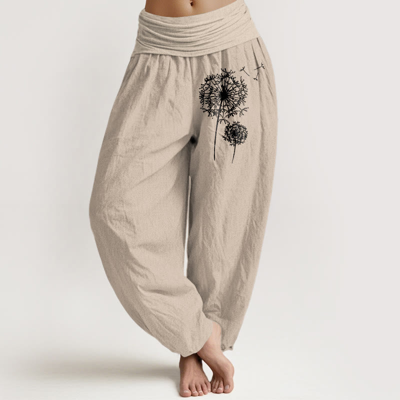 Buddha Stones Pantaloni harem da donna in puro cotone con elastico in vita e motivo a tarassaco, stile minimalista - Tan - US16, UK/AU20, EU48 (3XL) - image 0