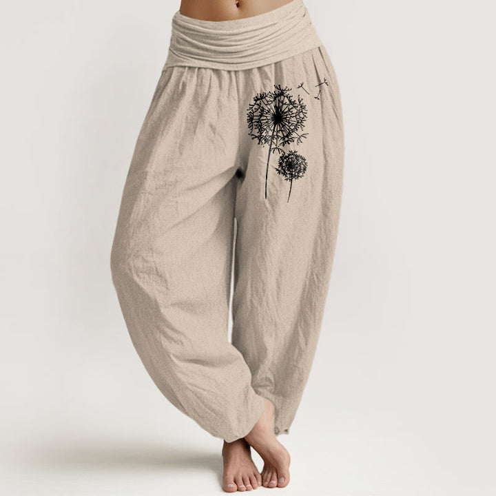 Buddha Stones Pantaloni harem da donna in puro cotone con elastico in vita e motivo a tarassaco, stile minimalista - Tan - US16, UK/AU20, EU48 (3XL) - image 0