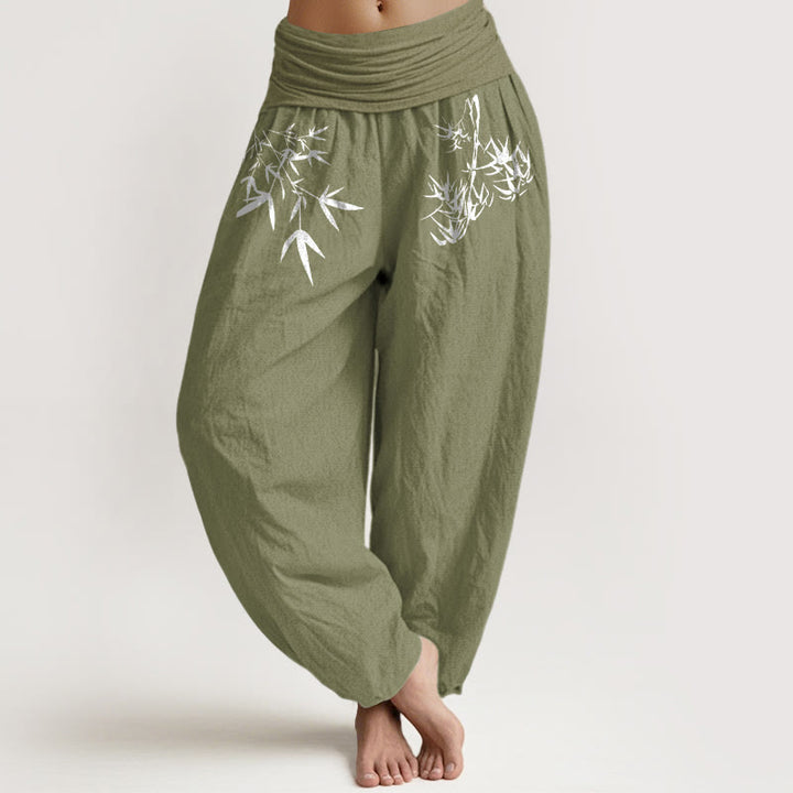 Buddha Stones Pantaloni harem da donna in puro cotone con elastico in vita e motivo a foglie di bambù, stile minimalista - Verde oliva - US16, UK/AU20, EU48 (3XL) - image 0