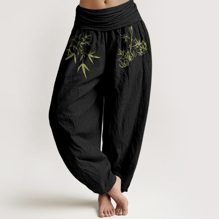 Buddha Stones Pantaloni harem da donna in puro cotone con elastico in vita e motivo a foglie di bambù, stile minimalista - Nero - US16, UK/AU20, EU48 (3XL) - image 5