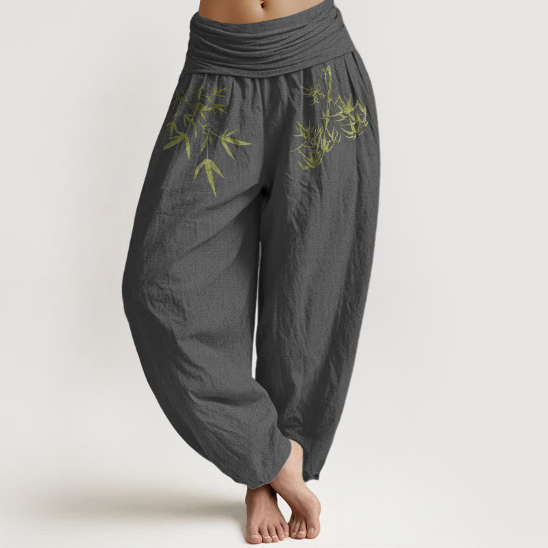 Buddha Stones Pantaloni harem da donna in puro cotone con elastico in vita e motivo a foglie di bambù, stile minimalista - Grigio scuro - US16, UK/AU20, EU48 (3XL) - image 11