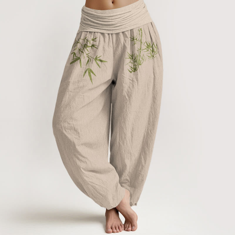 Buddha Stones Pantaloni harem da donna in puro cotone con elastico in vita e motivo a foglie di bambù, stile minimalista - Abbronzatura - US16, UK/AU20, EU48 (3XL) - image 14