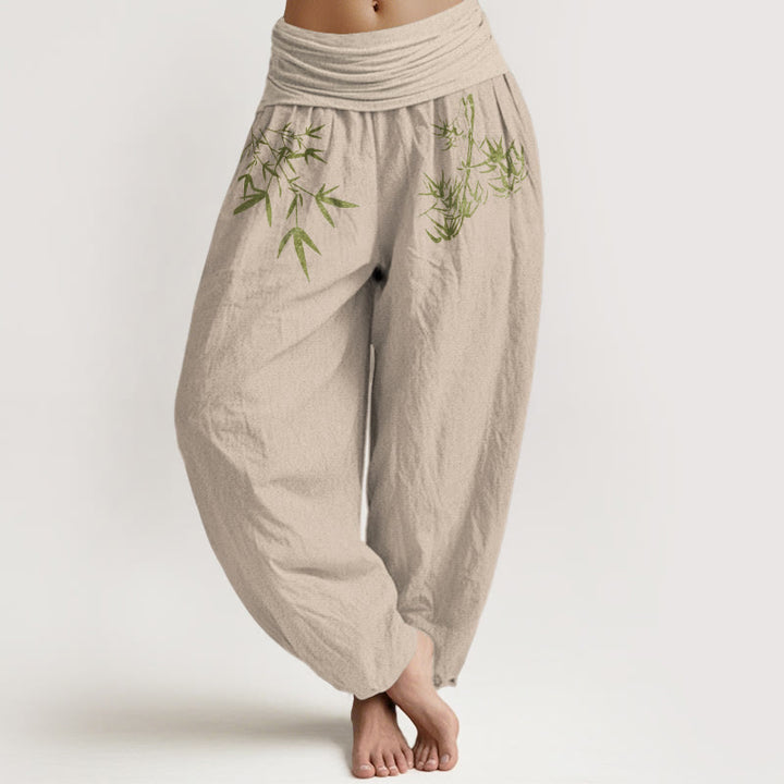 Buddha Stones Pantaloni harem da donna in puro cotone con elastico in vita e motivo a foglie di bambù, stile minimalista - Abbronzatura - US16, UK/AU20, EU48 (3XL) - image 14