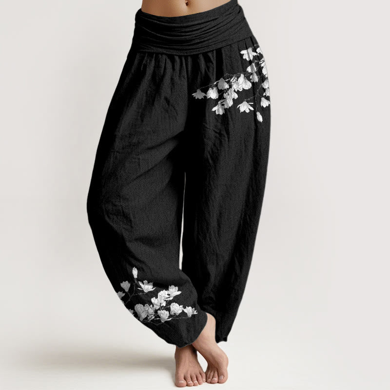 Buddha Stones Pantaloni harem da donna in puro cotone con elastico in vita e motivo floreale di magnolia, stile minimalista - Nero - US16, UK/AU20, EU48 (3XL) - image 0