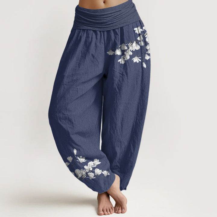 Buddha Stones Pantaloni harem da donna in puro cotone con elastico in vita e motivo floreale di magnolia, stile minimalista - Blu ardesia scuro - US16, UK/AU20, EU48 (3XL) - image 5