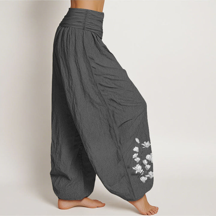 Buddha Stones Pantaloni harem da donna in puro cotone con elastico in vita e motivo floreale di magnolia, stile minimalista - image 10
