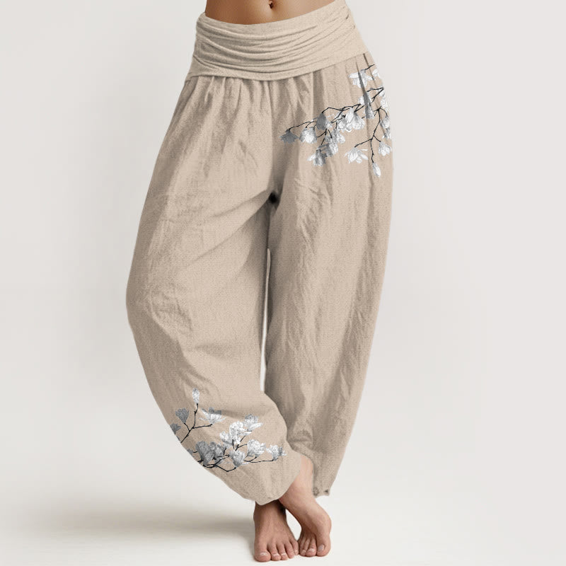 Buddha Stones Pantaloni harem da donna in puro cotone con elastico in vita e motivo floreale di magnolia, stile minimalista - Tan - US16, UK/AU20, EU48 (3XL) - image 11