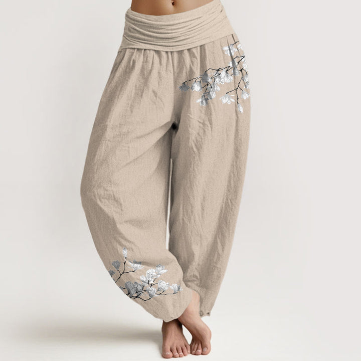 Buddha Stones Pantaloni harem da donna in puro cotone con elastico in vita e motivo floreale di magnolia, stile minimalista - Tan - US16, UK/AU20, EU48 (3XL) - image 11
