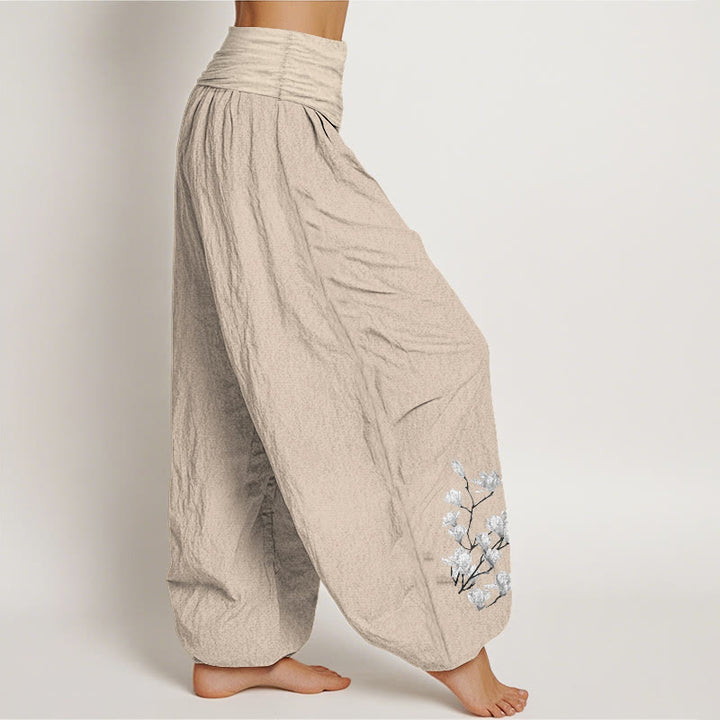 Buddha Stones Pantaloni harem da donna in puro cotone con elastico in vita e motivo floreale di magnolia, stile minimalista - image 13