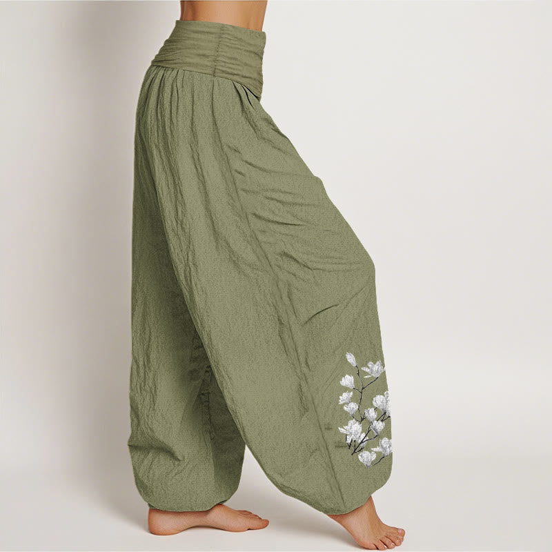 Buddha Stones Pantaloni harem da donna in puro cotone con elastico in vita e motivo floreale di magnolia, stile minimalista - image 16