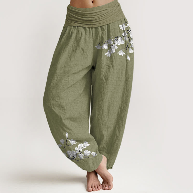 Buddha Stones Pantaloni harem da donna in puro cotone con elastico in vita e motivo floreale di magnolia, stile minimalista - Verde oliva - US16, UK/AU20, EU48 (3XL) - image 14