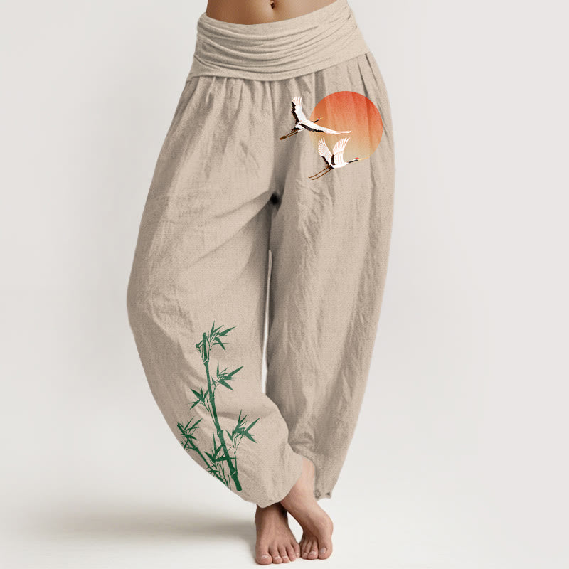 Buddha Stones Pantaloni harem da donna in puro cotone con elastico in vita e motivo a gru e bambù - Tan - US16, UK/AU20, EU48 (3XL) - image 0