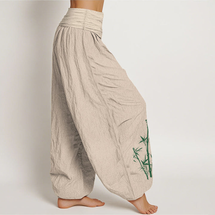 Buddha Stones Pantaloni harem da donna in puro cotone con elastico in vita e motivo a gru e bambù - image 2
