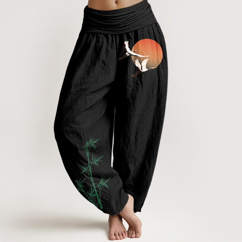 Buddha Stones Pantaloni harem da donna in puro cotone con elastico in vita e motivo a gru e bambù - Nero - US16, UK/AU20, EU48 (3XL) - image 5