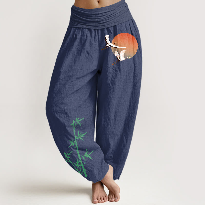 Buddha Stones Pantaloni harem da donna in puro cotone con elastico in vita e motivo a gru e bambù - Blu ardesia scuro - US16, UK/AU20, EU48 (3XL) - image 8