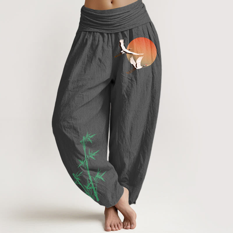 Buddha Stones Pantaloni harem da donna in puro cotone con elastico in vita e motivo a gru e bambù - Grigio tenue - US16, UK/AU20, EU48 (3XL) - image 11