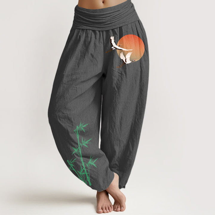 Buddha Stones Pantaloni harem da donna in puro cotone con elastico in vita e motivo a gru e bambù - Grigio tenue - US16, UK/AU20, EU48 (3XL) - image 11