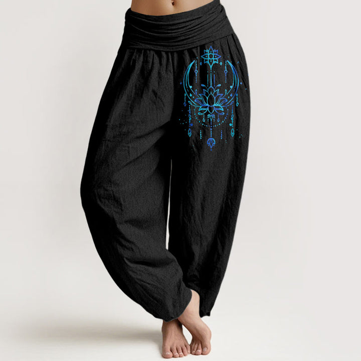 Buddha Stones Pantaloni harem da donna in puro cotone con elastico in vita e motivo a loto - Nero - US16, UK/AU20, EU48 (3XL) - image 0