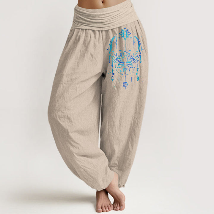 Buddha Stones Pantaloni harem da donna in puro cotone con elastico in vita e motivo a loto - Abbronzatura - US16, UK/AU20, EU48 (3XL) - image 11