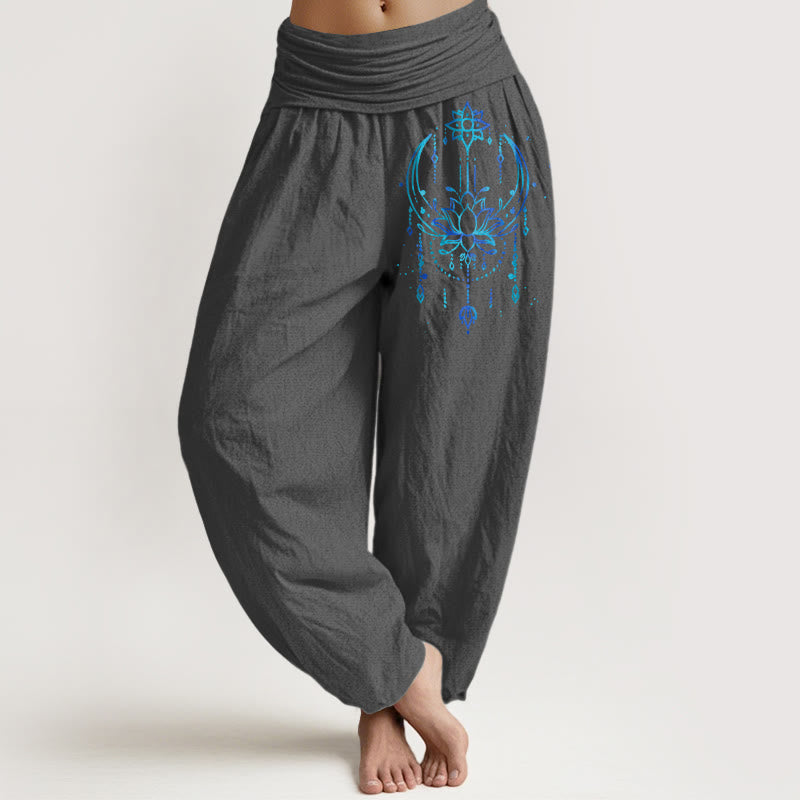 Buddha Stones Pantaloni harem da donna in puro cotone con elastico in vita e motivo a loto - Grigio scuro - US16, UK/AU20, EU48 (3XL) - image 8