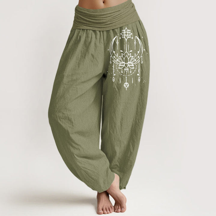 Buddha Stones Pantaloni harem da donna in puro cotone con elastico in vita e motivo a loto - Verde oliva - US16, UK/AU20, EU48 (3XL) - image 14