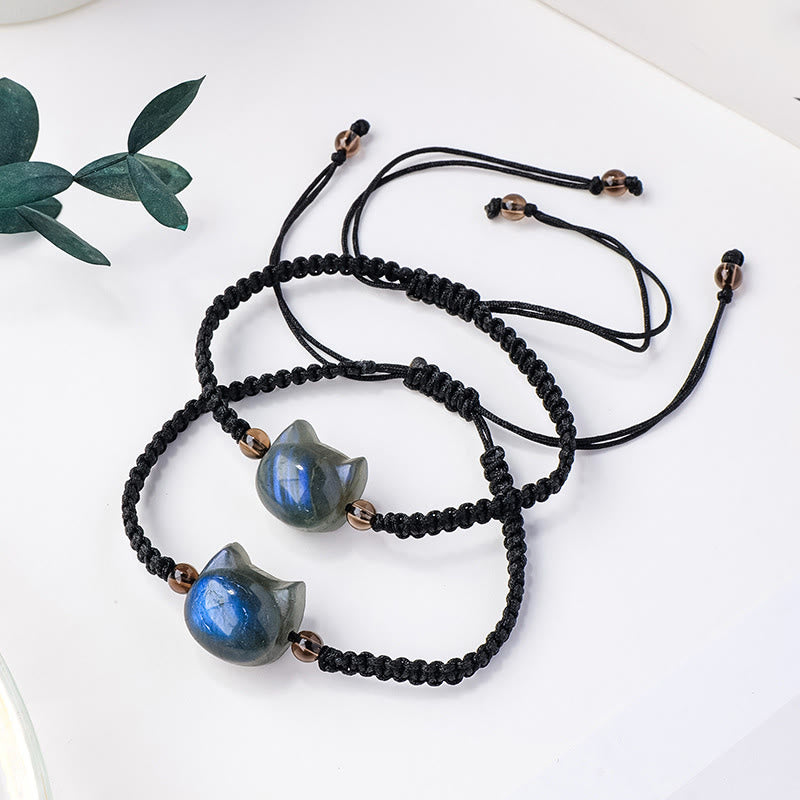 Buddha Stones Braccialetto di guarigione con ciondolo a forma di testa di gatto in labradorite naturale - image 0