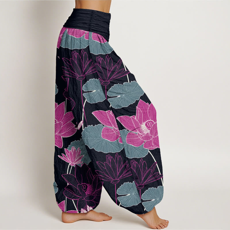 Buddha Stones Pantaloni harem da donna in puro cotone con elastico in vita e motivo a fiori di loto retrò e foglie - image 2