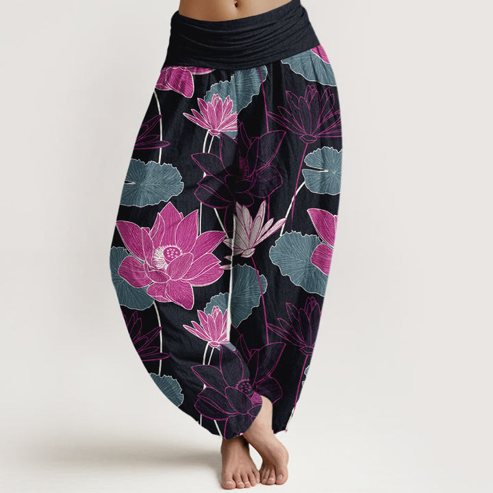 Buddha Stones Pantaloni harem da donna in puro cotone con elastico in vita e motivo a fiori di loto retrò e foglie - Nero - US16, UK/AU20, EU48 (3XL) - image 0