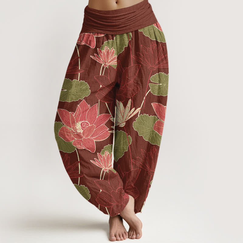 Buddha Stones Pantaloni harem da donna in puro cotone con elastico in vita e motivo a fiori di loto retrò e foglie - Marrone - US16, UK/AU20, EU48 (3XL) - image 5