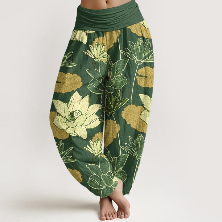 Buddha Stones Pantaloni harem da donna in puro cotone con elastico in vita e motivo a fiori di loto retrò e foglie - Verde - US16, UK/AU20, EU48 (3XL) - image 8