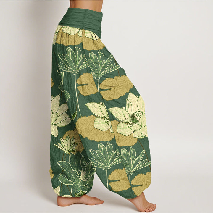Buddha Stones Pantaloni harem da donna in puro cotone con elastico in vita e motivo a fiori di loto retrò e foglie - image 10