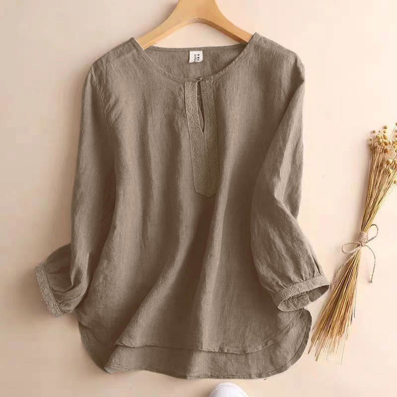 Camicia da donna casual a maniche a tre quarti con scollo rotondo e motivo Buddha Stones. - Tan - US8-10, UK/AU12-14, EU40-42 (2XL) - image 0