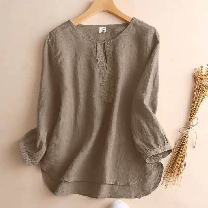 Camicia da donna casual a maniche a tre quarti con scollo rotondo e motivo Buddha Stones. - Tan - US8-10, UK/AU12-14, EU40-42 (2XL) - image 0