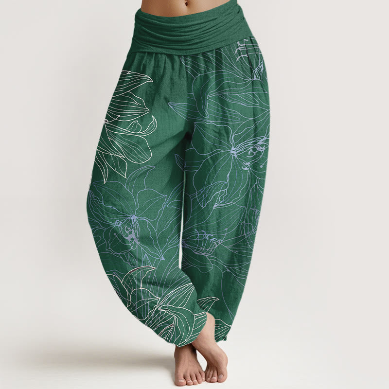 Buddha Stones Pantaloni harem da donna in puro cotone con elastico in vita e motivo floreale in stile minimalista - SeaGreen - US16, UK/AU20, EU48 (3XL) - image 0