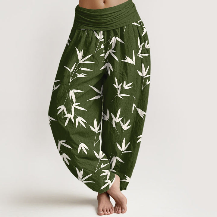 Buddha Stones Pantaloni harem da donna in puro cotone con elastico in vita e motivo a foglie di bambù, semplici ed eleganti - Verde oliva scuro - US16, UK/AU20, EU48 (3XL) - image 8
