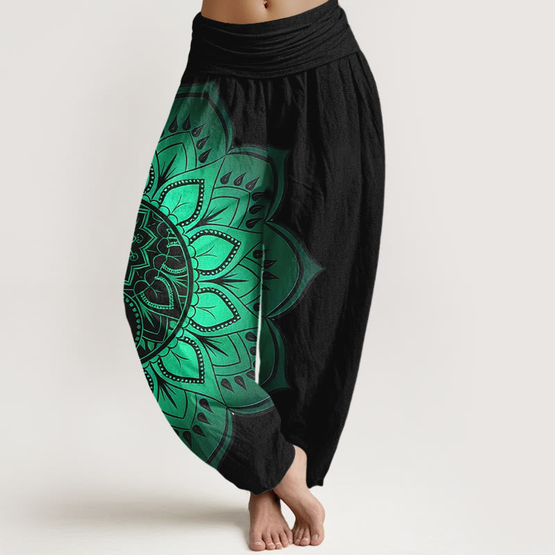 Buddha Stones Pantaloni harem da donna con elastico in vita e motivo mandala simmetrico in cotone - Nero - US16, UK/AU20, EU48 (3XL) - image 0