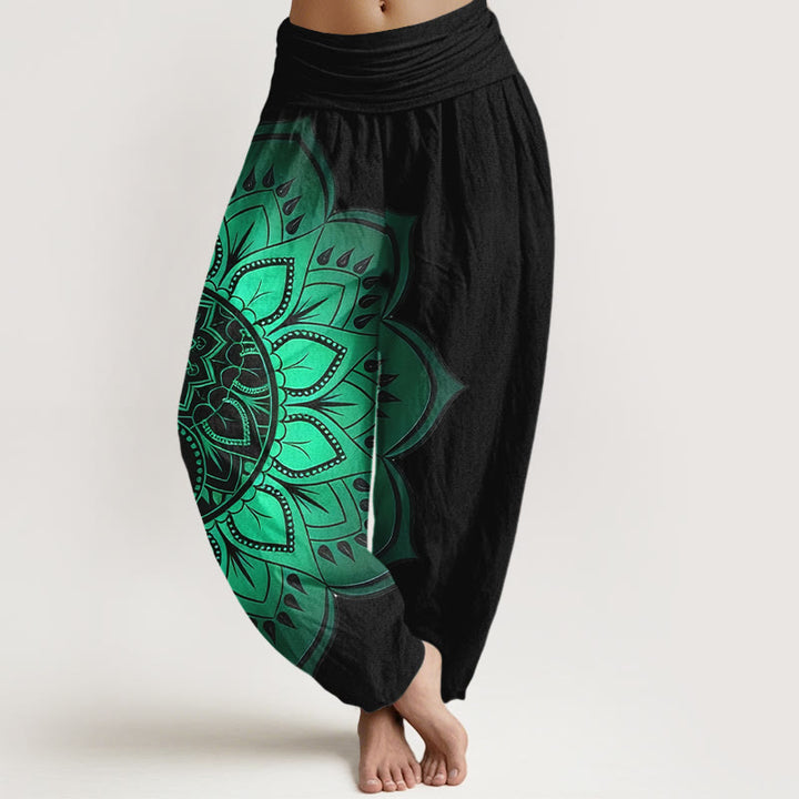 Buddha Stones Pantaloni harem da donna con elastico in vita e motivo mandala simmetrico in cotone - Nero - US16, UK/AU20, EU48 (3XL) - image 0