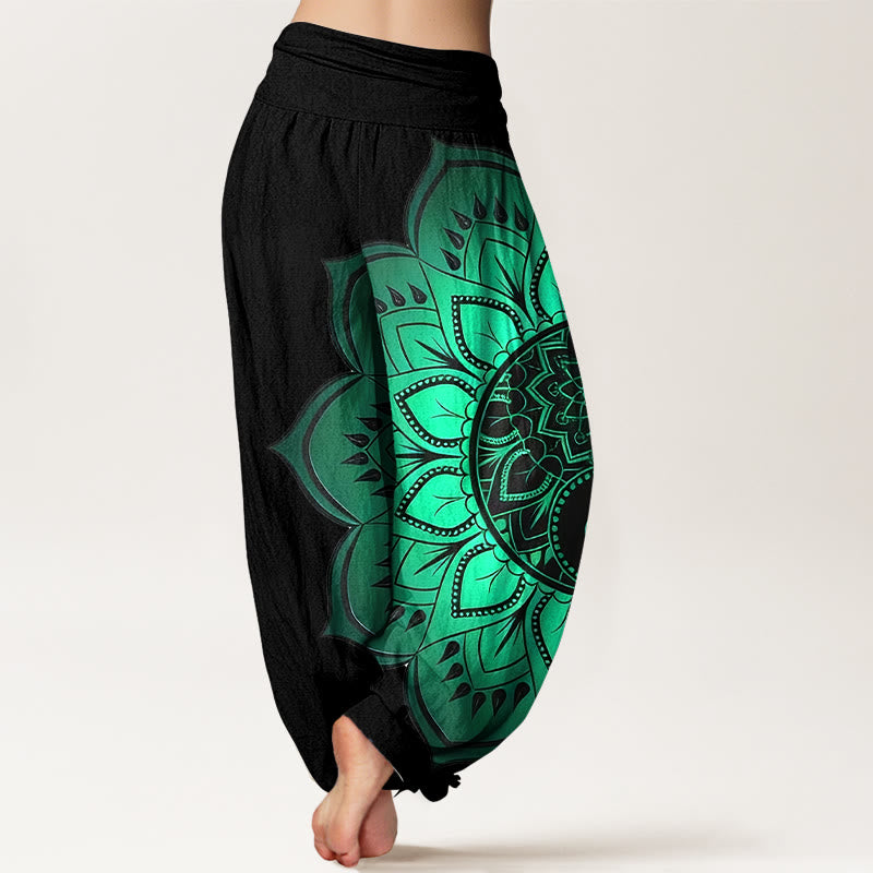Buddha Stones Pantaloni harem da donna con elastico in vita e motivo mandala simmetrico in cotone - image 1