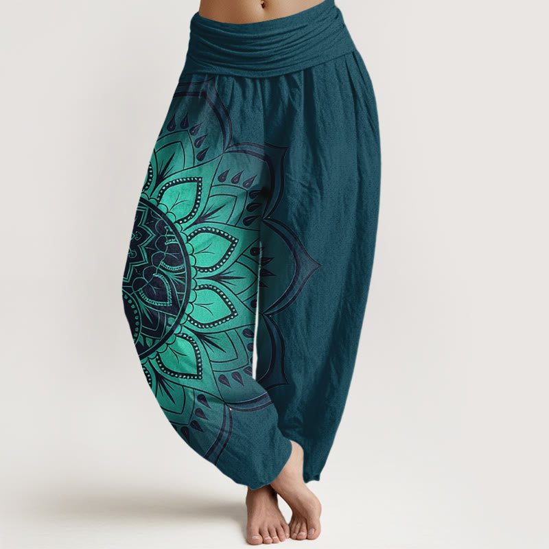 Buddha Stones Pantaloni harem da donna con elastico in vita e motivo mandala simmetrico in cotone - Verde acqua - US16, UK/AU20, EU48 (3XL) - image 5