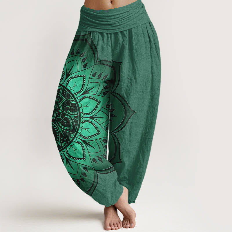 Buddha Stones Pantaloni harem da donna con elastico in vita e motivo mandala simmetrico in cotone - Verde mare - US16, UK/AU20, EU48 (3XL) - image 8