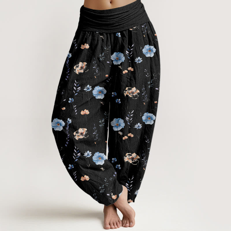 Buddha Stones Pantaloni harem da donna con elastico in vita e motivo floreale raffinato in cotone fresco - Nero - US16, UK/AU20, EU48 (3XL) - image 5