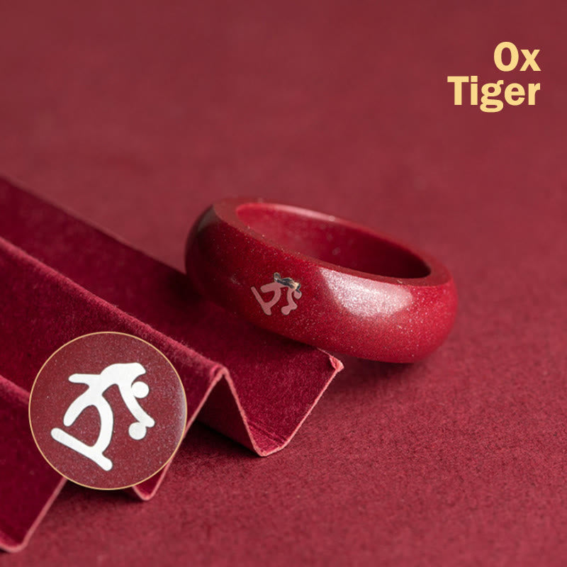 Buddha Stones Anello di benedizione del cinabro dell'anno del cavallo dello zodiaco cinese - Cinabro Bue Tigre - 22 millimetri - image 4