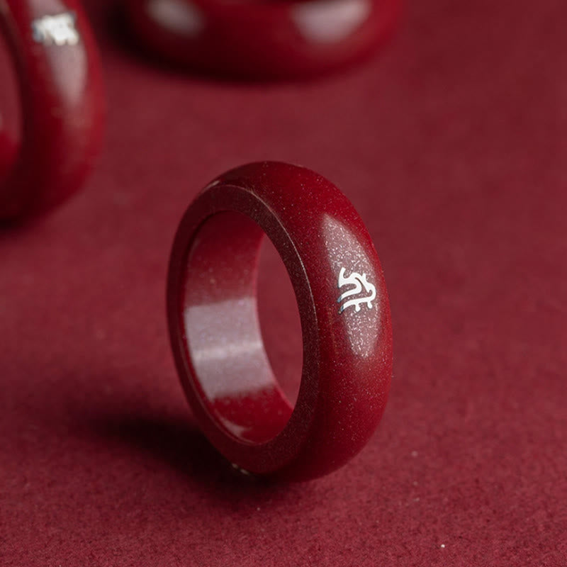 Buddha Stones Anello di benedizione del cinabro dell'anno del cavallo dello zodiaco cinese - image 1
