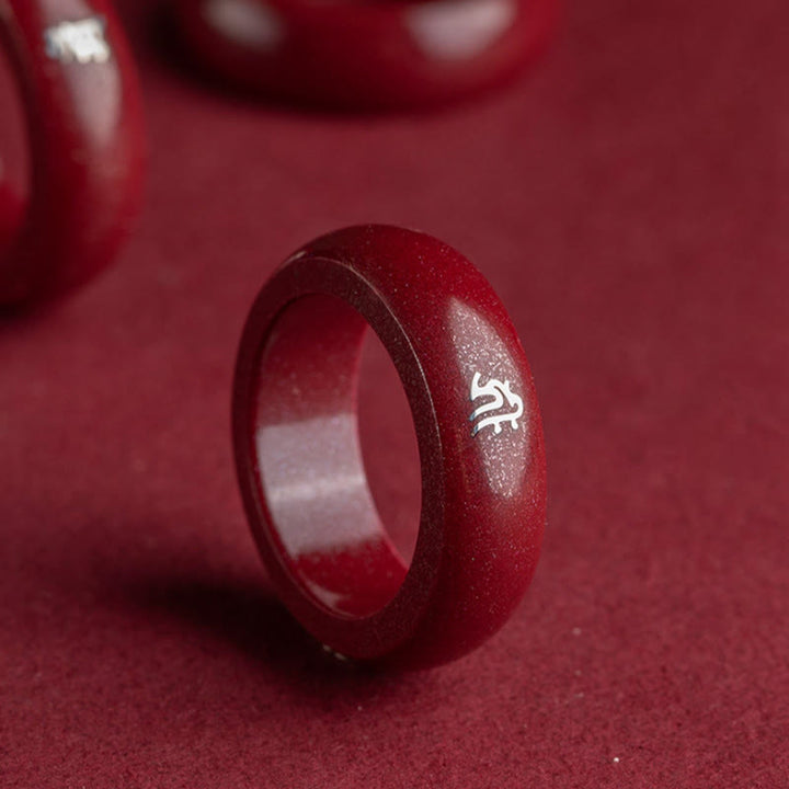 Buddha Stones Anello di benedizione del cinabro dell'anno del cavallo dello zodiaco cinese - image 1