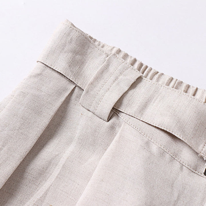 Buddha Stones Pantaloni da uomo in cotone e lino con gamba larga, tasche e design elastico in vita con cerniera estiva - image 6