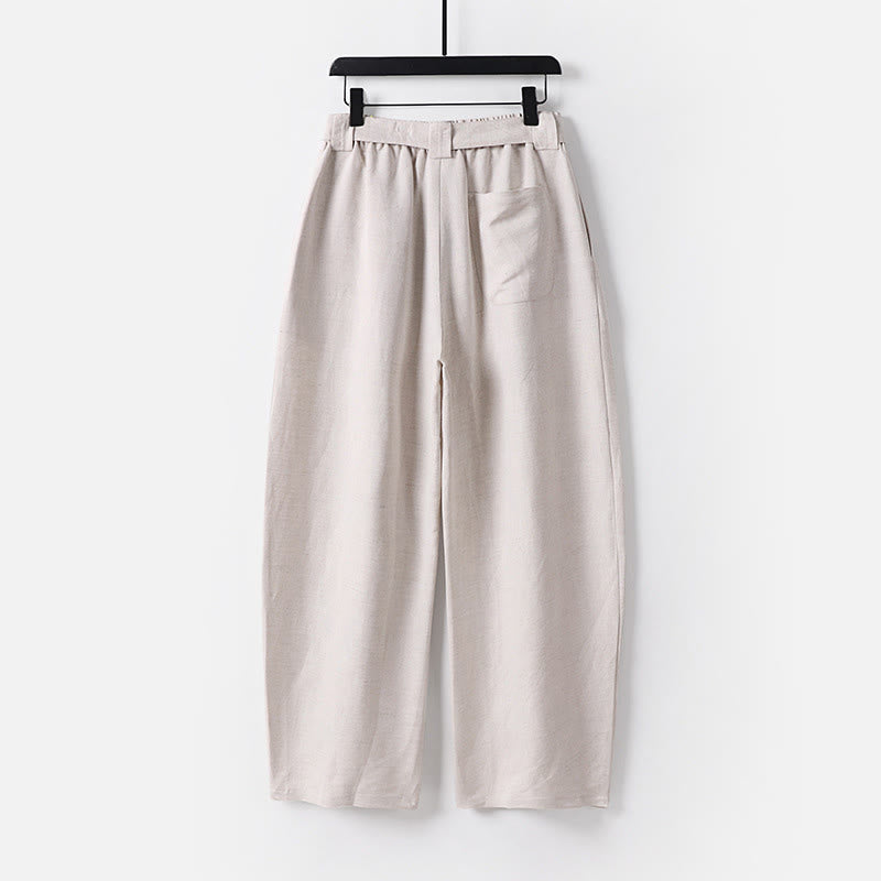 Buddha Stones Pantaloni da uomo in cotone e lino con gamba larga, tasche e design elastico in vita con cerniera estiva - image 1